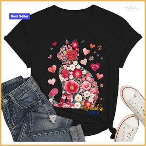 Floral Cat Valentine's T-Shirt Women's Short Sleeve Crew Neck Tee